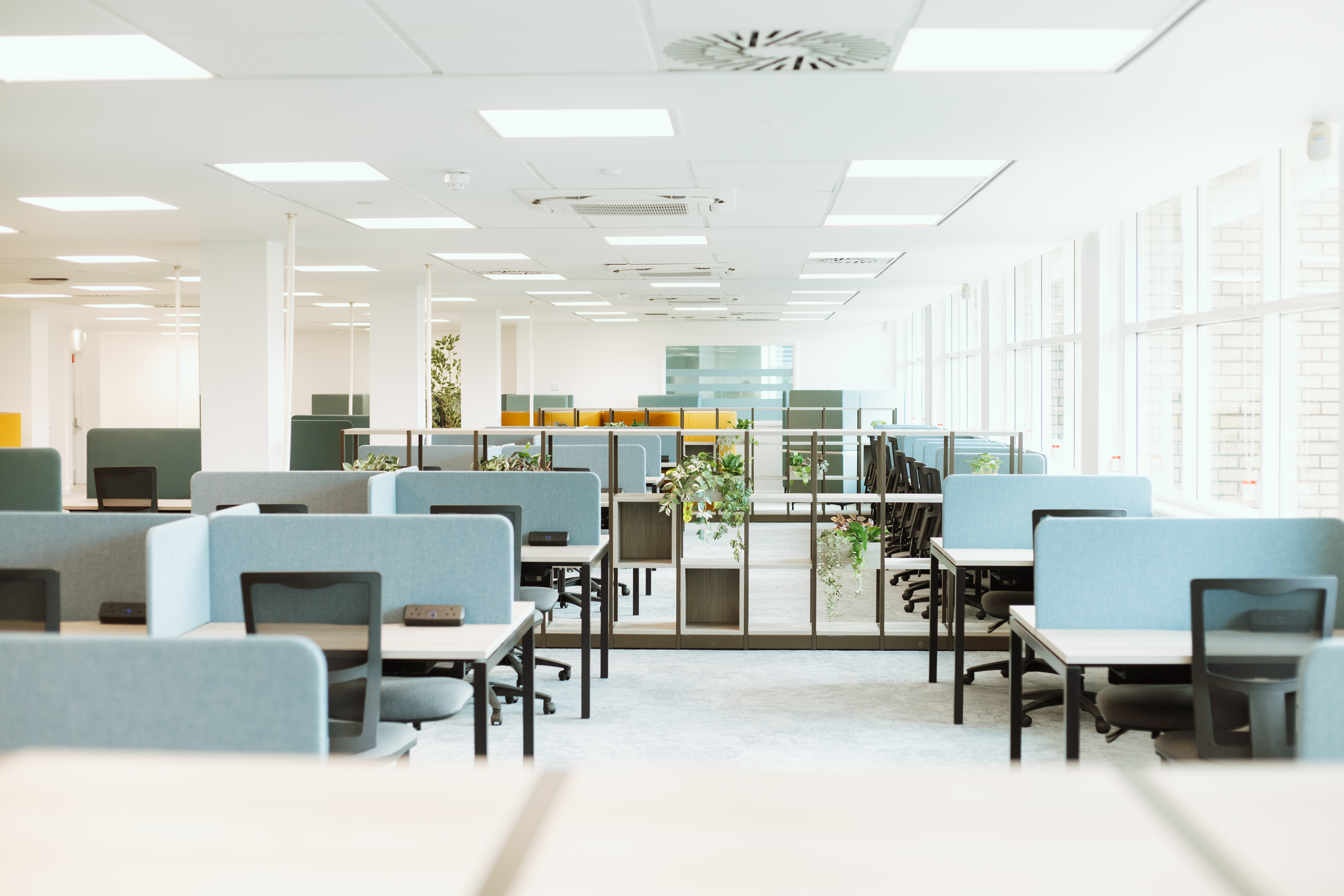 View of study desks from on top of decorative shelving.
