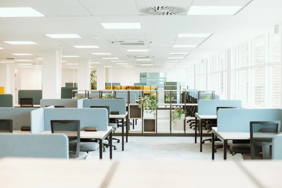 View of study desks from on top of decorative shelving.