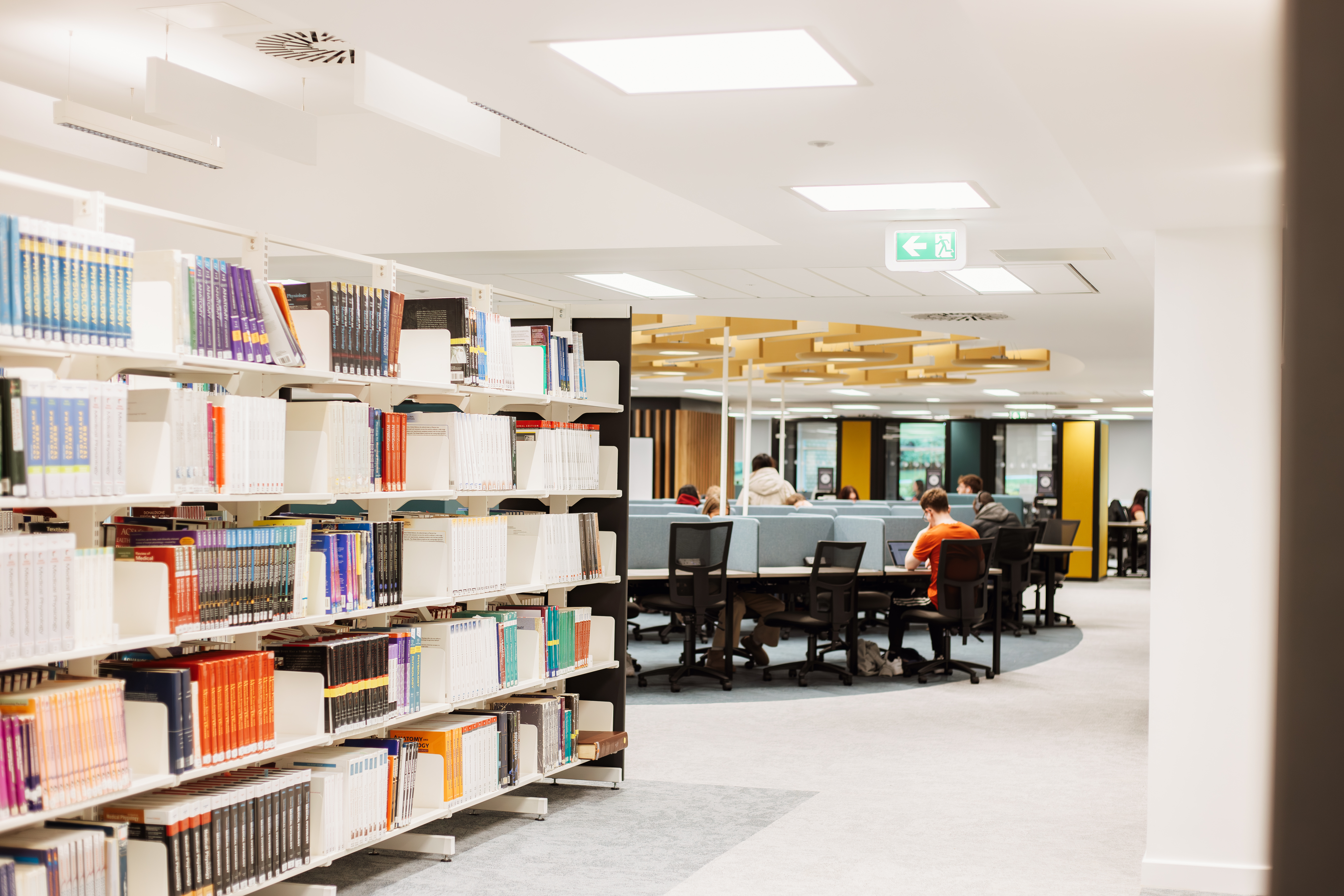 Shelves of books to the left with study spaces and students studying on the right.