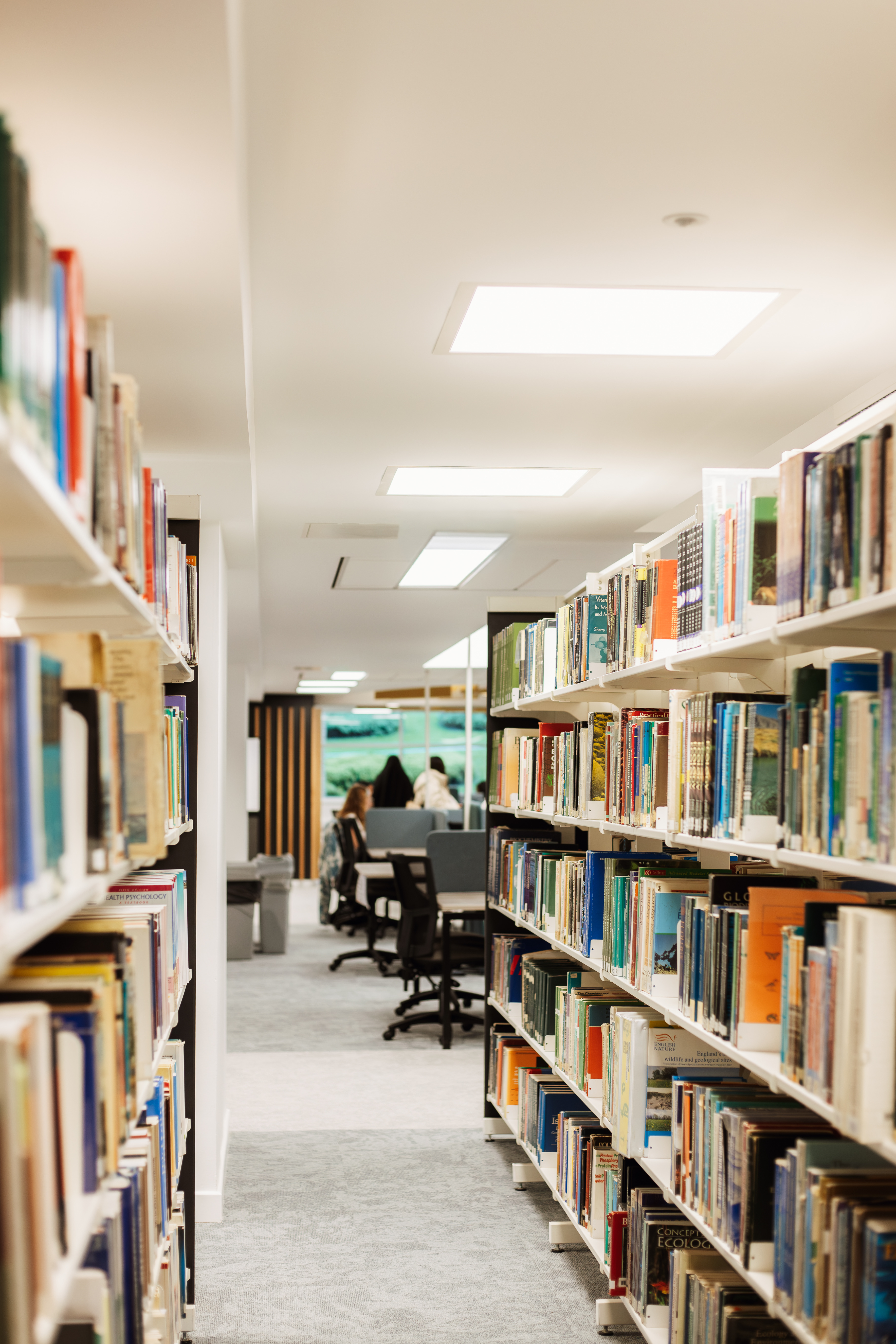 Rows of books on shelves with students studying in the background.