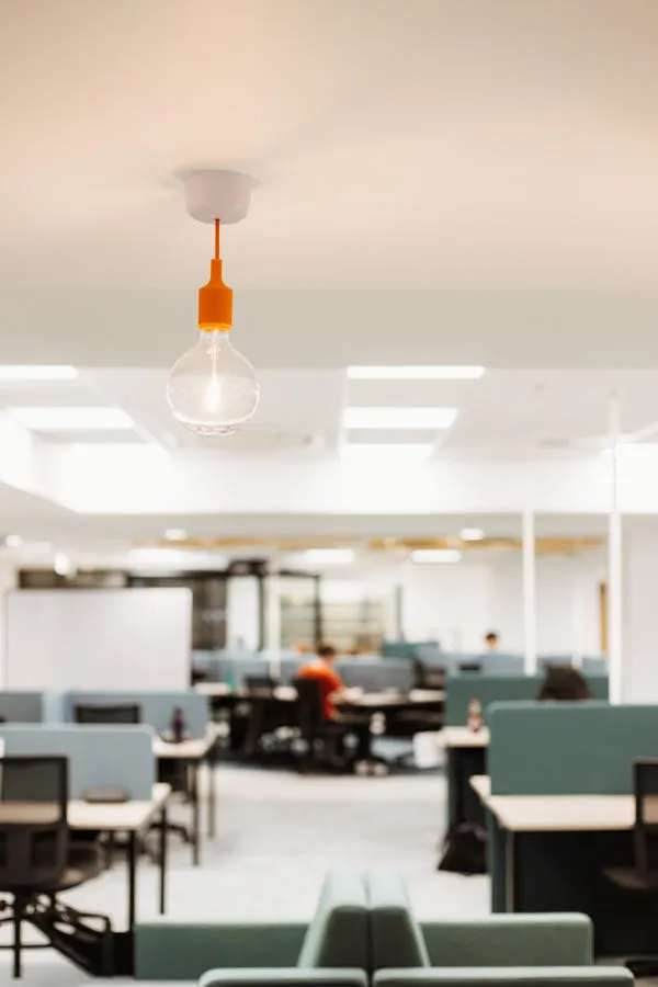 Decorative light in the foreground with view of study spaces in the background slightly blurred.