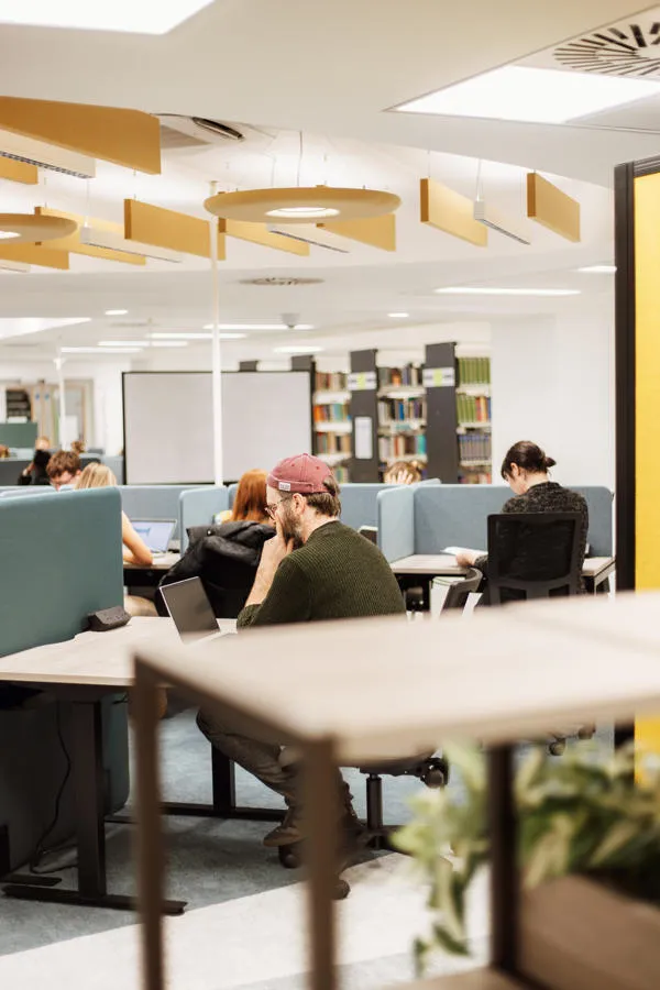 Students working at desks.
