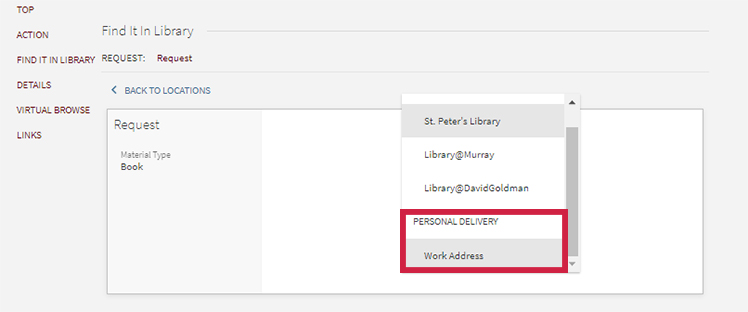 screenshot of  personal delivery request on Library Search