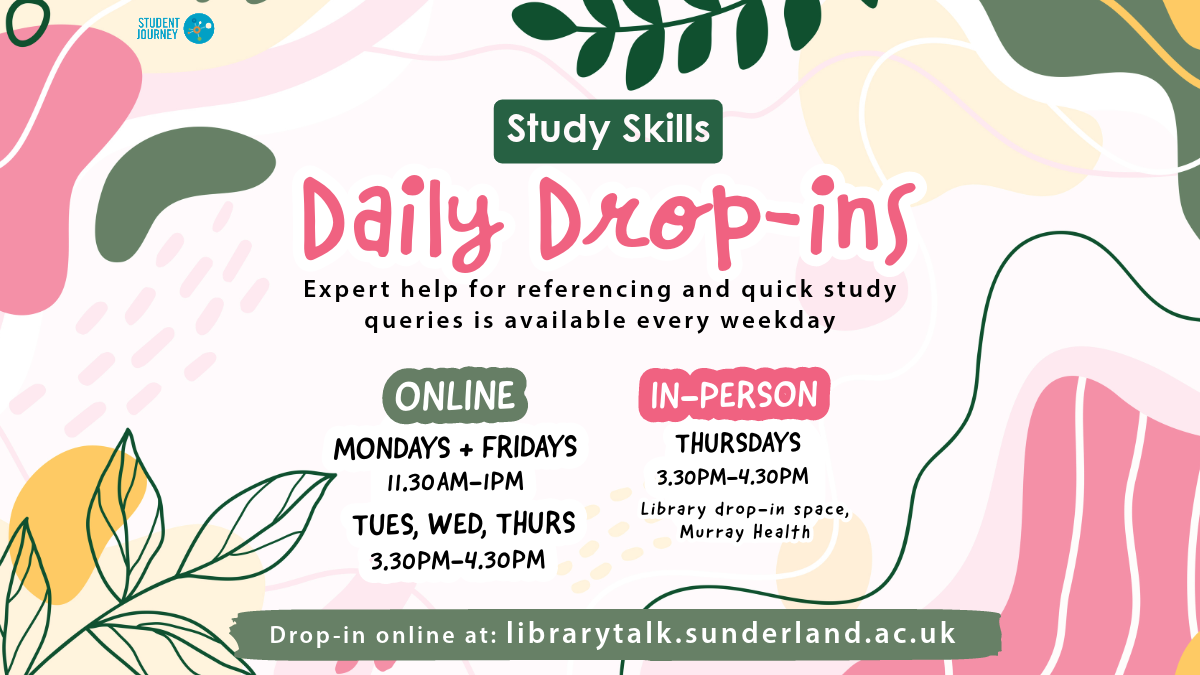 Study Skills daily drop-ins advert. Online and in-person sessions